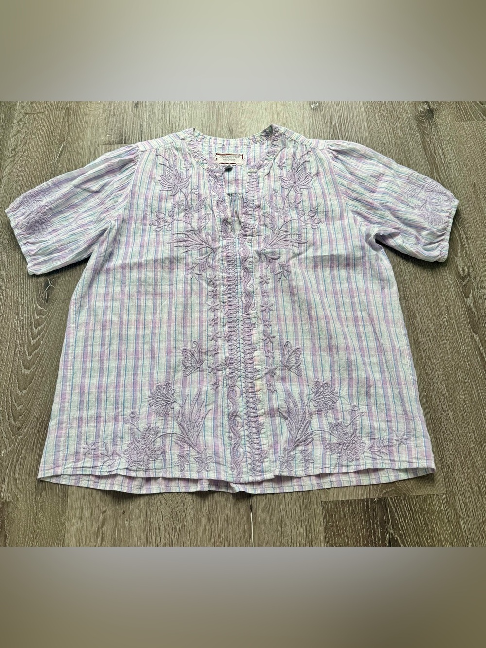 Johnny Was Workshop Embroidered Pastel Stripe Boho Tunic Top Size Small